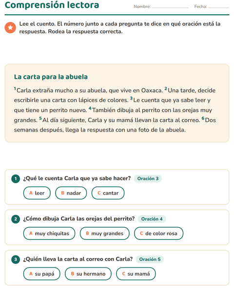 Vista previa de la hoja de Comprensión lectora para grado 2