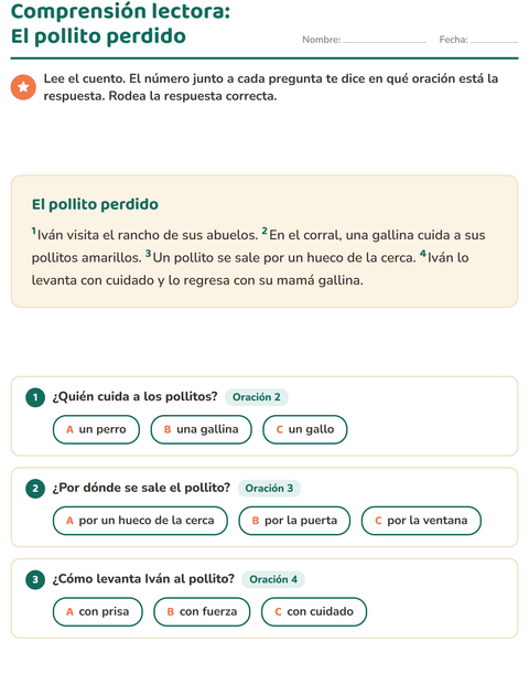Vista previa de la hoja de Comprensión lectora para grado 2