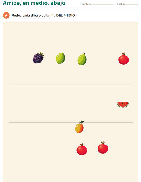 Vista previa de la hoja de Conceptos espaciales con Frutas para jardín infantil