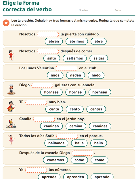 Vista previa de la hoja de Conjugar verbos para grado 2