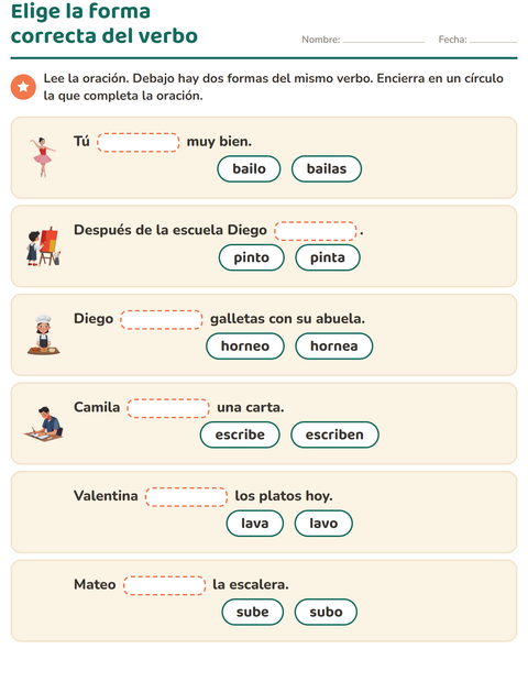 Vista previa de la hoja de Conjugar verbos para grado 2