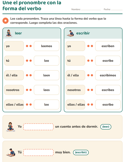 Une el pronombre con la forma del verbo: una línea por persona — segundo grado
