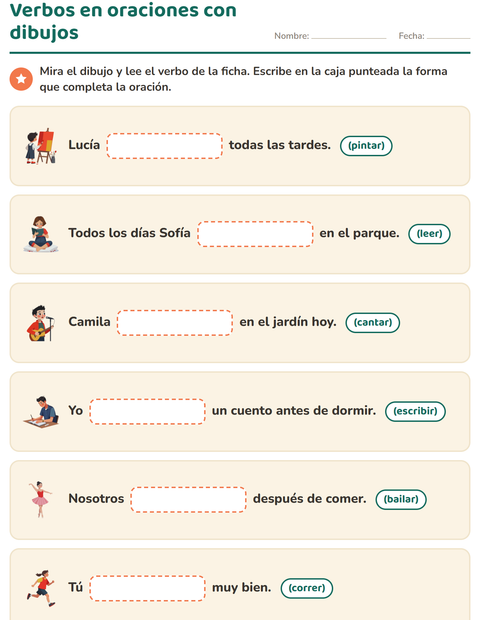Verbos en oraciones con dibujos: escribe la forma que completa la frase — segundo grado