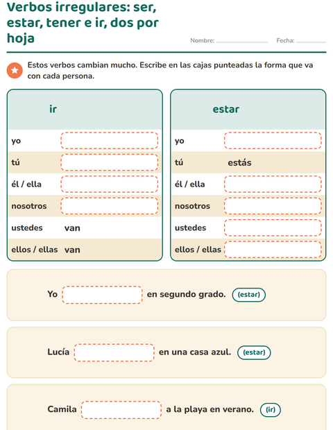 Los verbos irregulares ser, estar, tener e ir: completa la tabla — segundo grado