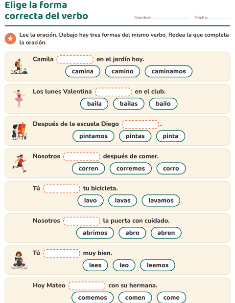 Vista previa de la hoja de Conjugar verbos para grado 2