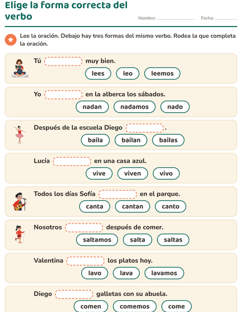 Vista previa de Elige la forma correcta del verbo: rodea una de tres — segundo grado