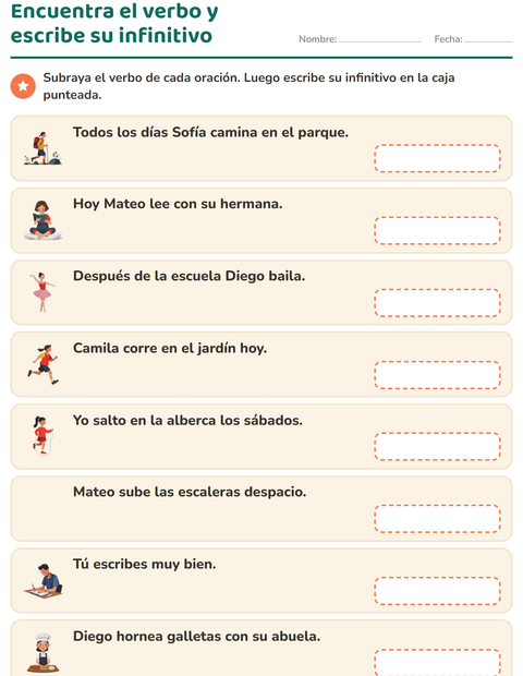 Vista previa de Encuentra el verbo y escribe su infinitivo: subraya y devuelve la forma base — segundo grado