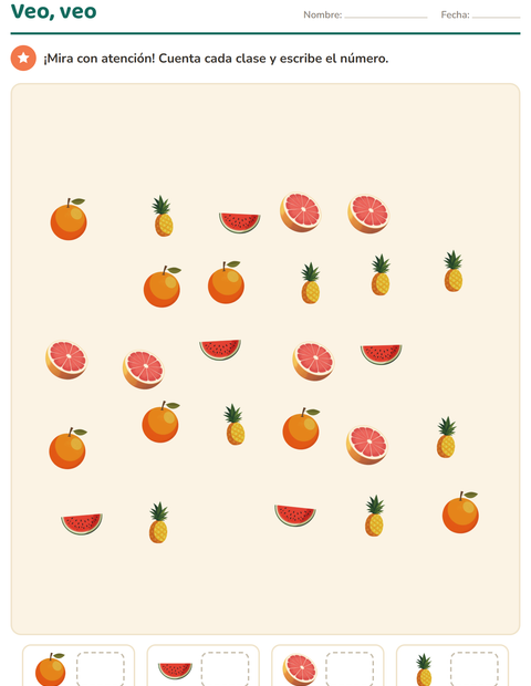 Vista previa de la hoja de Contar con dibujos con Frutas para jardín infantil