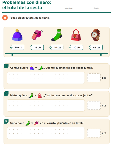 Vista previa de la hoja de Contar dinero con Accesorios para grado 2