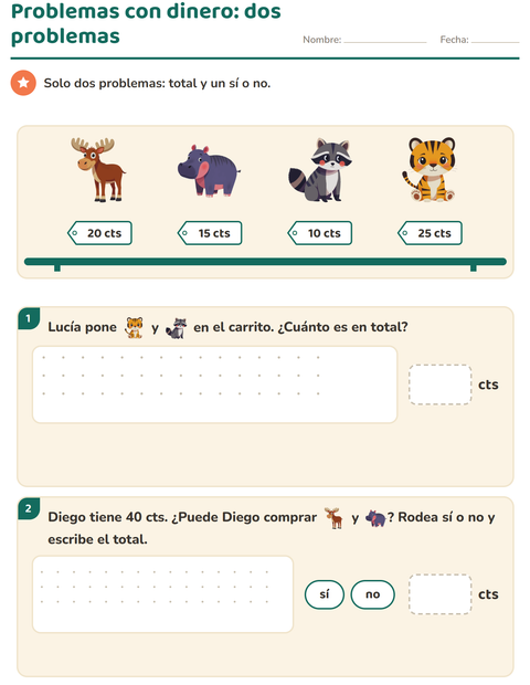 Problemas con dinero: dos compras para empezar — segundo grado