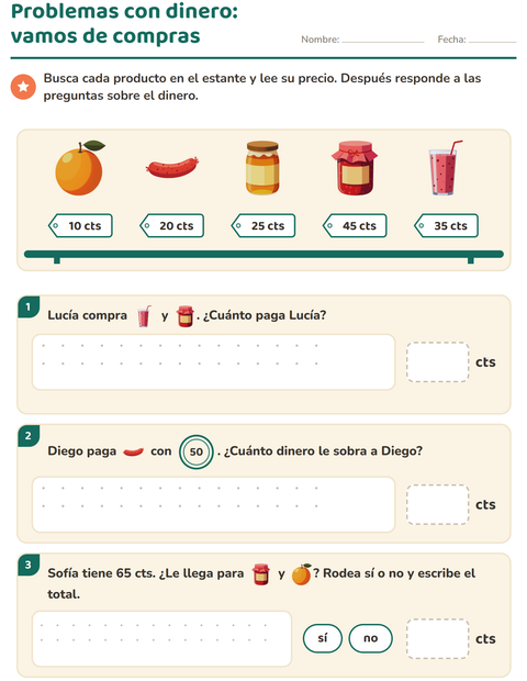 Vista previa de la hoja de Contar dinero con Desayuno para grado 2