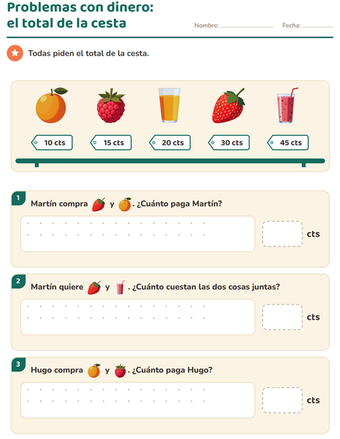 Vista previa de la hoja de Contar dinero con Desayuno para grado 2