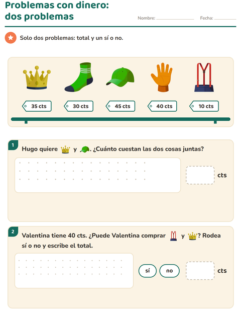 Vista previa de la hoja de Contar dinero con Accesorios para grado 2