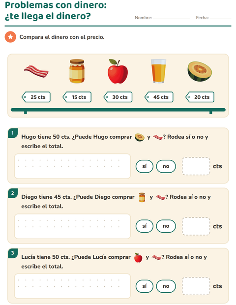 Vista previa de la hoja de Contar dinero con Desayuno para grado 2