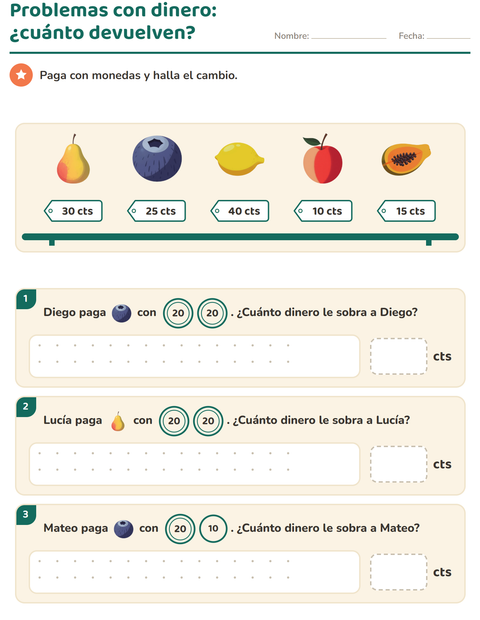 Vista previa de la hoja de Contar dinero con Frutas para grado 2