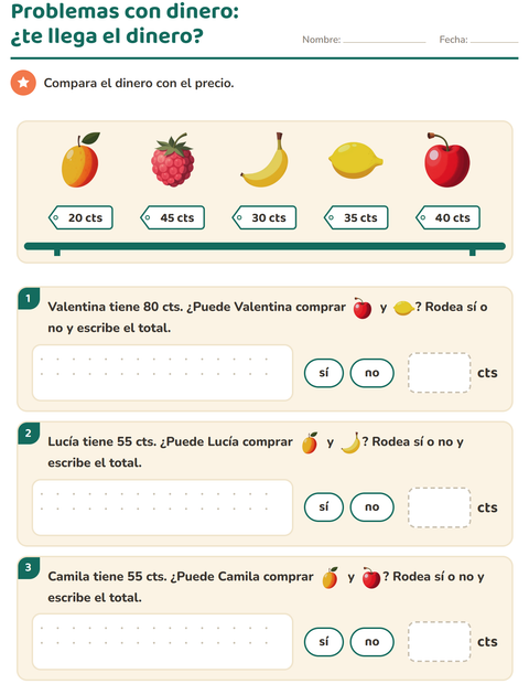 Vista previa de la hoja de Contar dinero con Frutas para grado 2