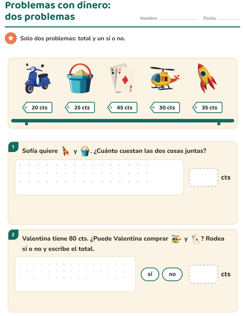 Vista previa de la hoja de Contar dinero con Juguetes para grado 2