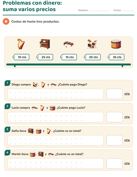 Vista previa de la hoja de Contar dinero con Música para grado 2