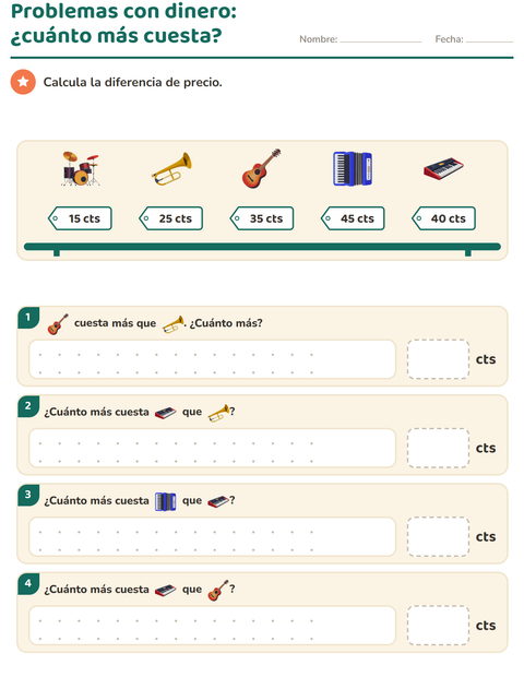 Vista previa de la hoja de Contar dinero con Música para grado 2