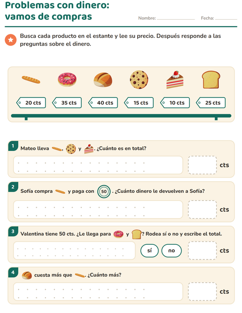 Vista previa de la hoja de Contar dinero con Panadería para grado 2