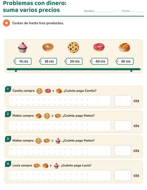 Vista previa de la hoja de Contar dinero con Panadería para grado 2