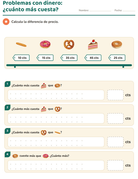 Vista previa de la hoja de Contar dinero con Panadería para grado 2