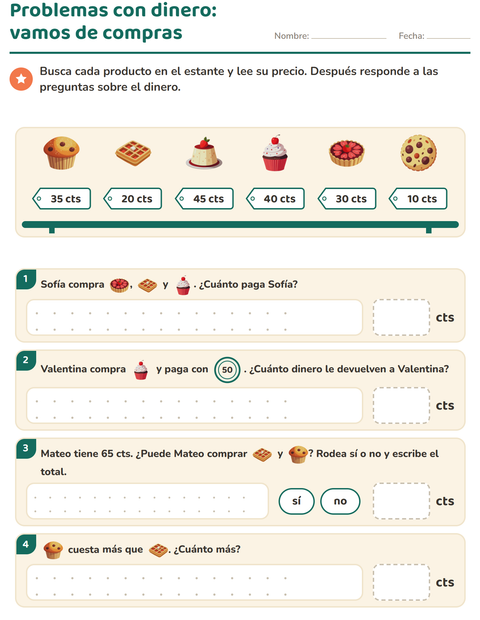 Vista previa de la hoja de Contar dinero con Postres y dulces para grado 2