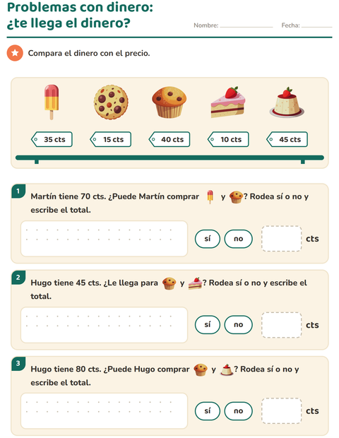 Vista previa de la hoja de Contar dinero con Postres y dulces para grado 2