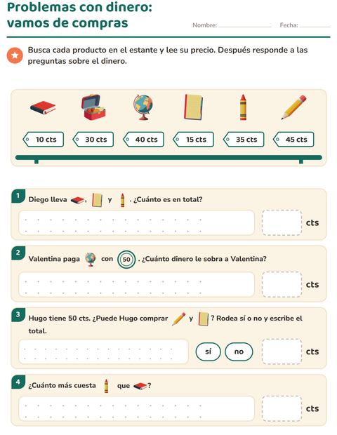 Vista previa de la hoja de Contar dinero con Salón de clases para grado 2