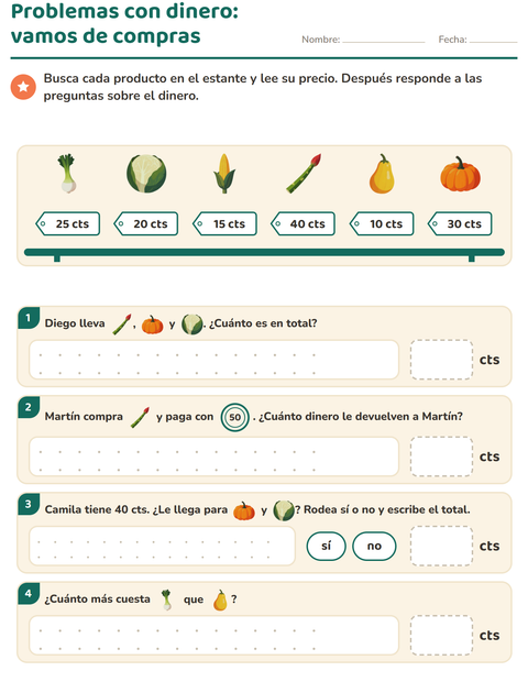 Vista previa de la hoja de Contar dinero con Verduras para grado 2