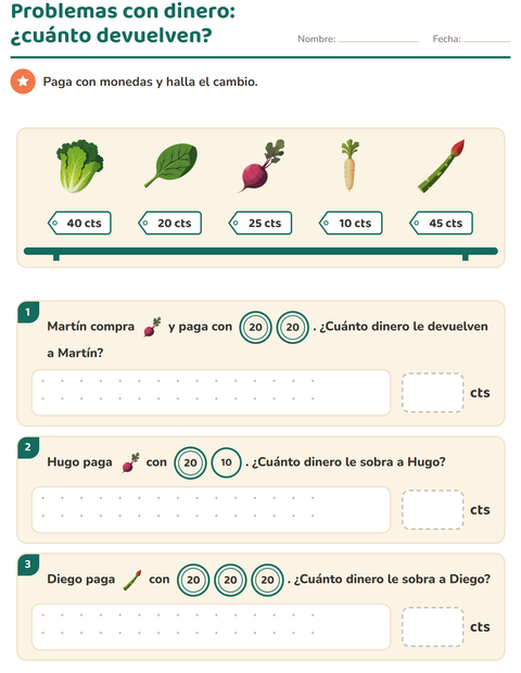 Vista previa de la hoja de Contar dinero con Verduras para grado 2