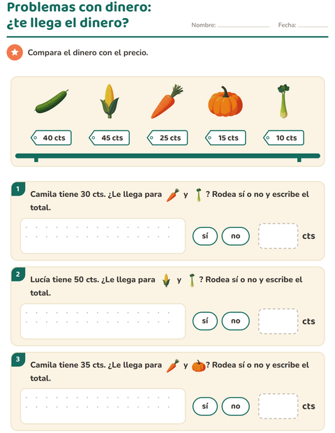 Vista previa de la hoja de Contar dinero con Verduras para grado 2