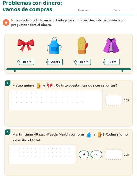 Vista previa de la hoja de Contar dinero con Accesorios para grado 2