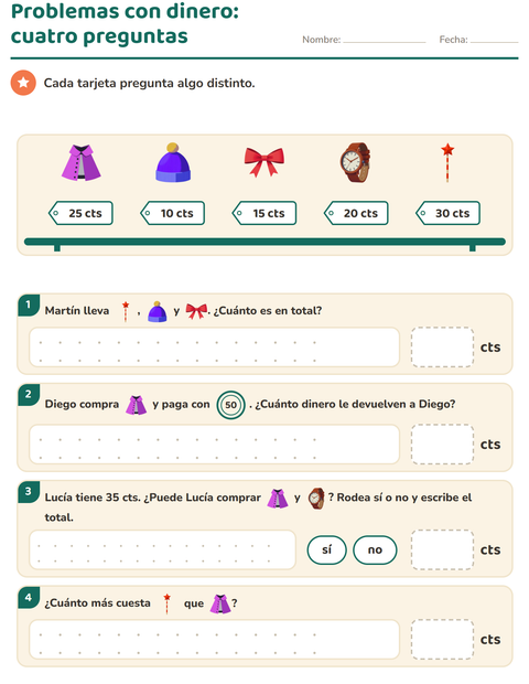 Vista previa de la hoja de Contar dinero con Accesorios para grado 2