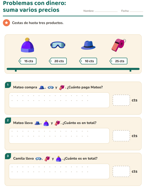 Vista previa de la hoja de Contar dinero con Accesorios para grado 2