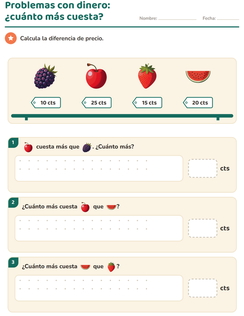 Vista previa de la hoja de Contar dinero con Frutas para grado 2