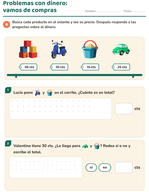 Vista previa de la hoja de Contar dinero con Juguetes para grado 2