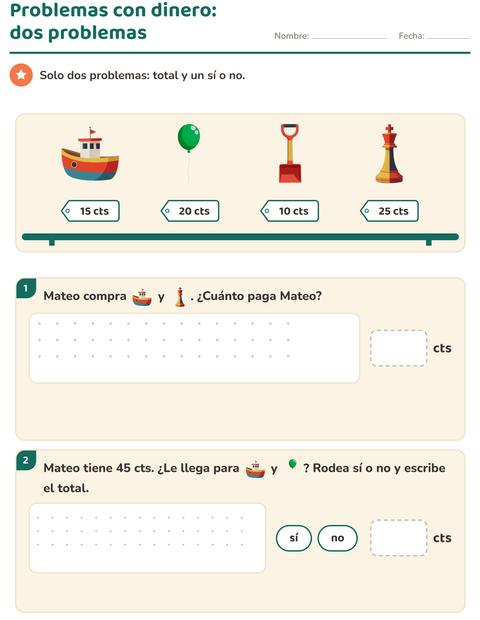 Vista previa de la hoja de Contar dinero con Juguetes para grado 2