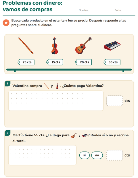 Vista previa de la hoja de Contar dinero con Música para grado 2