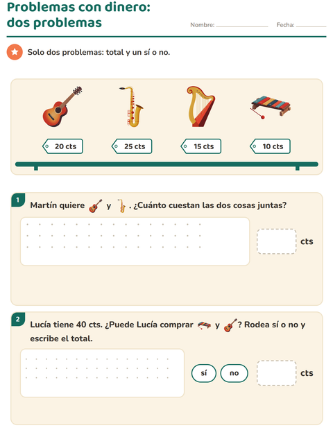 Vista previa de la hoja de Contar dinero con Música para grado 2