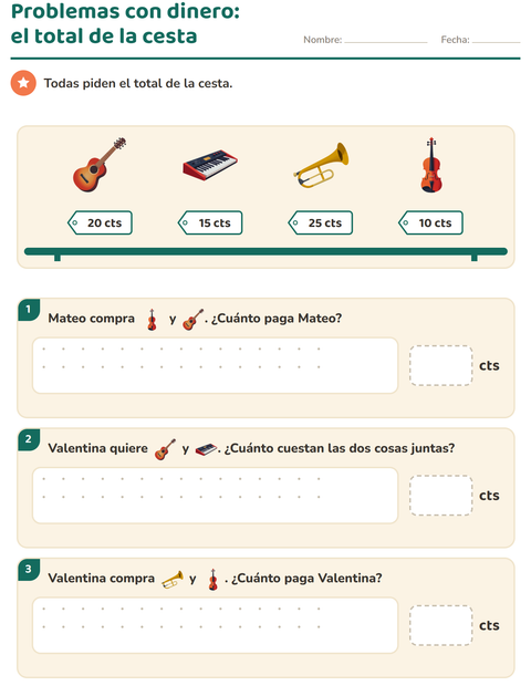 Vista previa de la hoja de Contar dinero con Música para grado 2