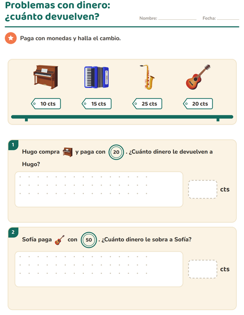 Vista previa de la hoja de Contar dinero con Música para grado 2