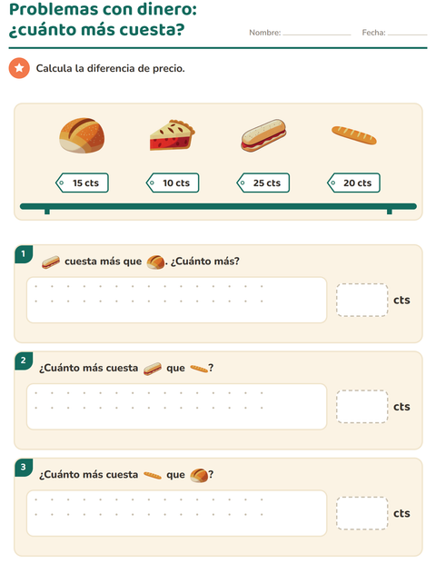 Vista previa de la hoja de Contar dinero con Panadería para grado 2