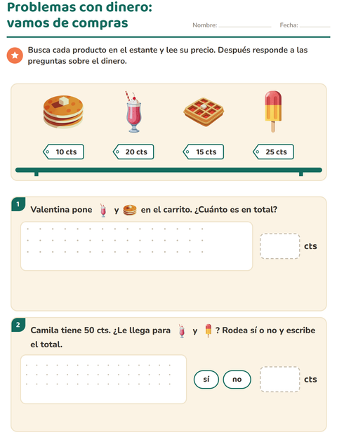 Vista previa de la hoja de Contar dinero con Postres y dulces para grado 2