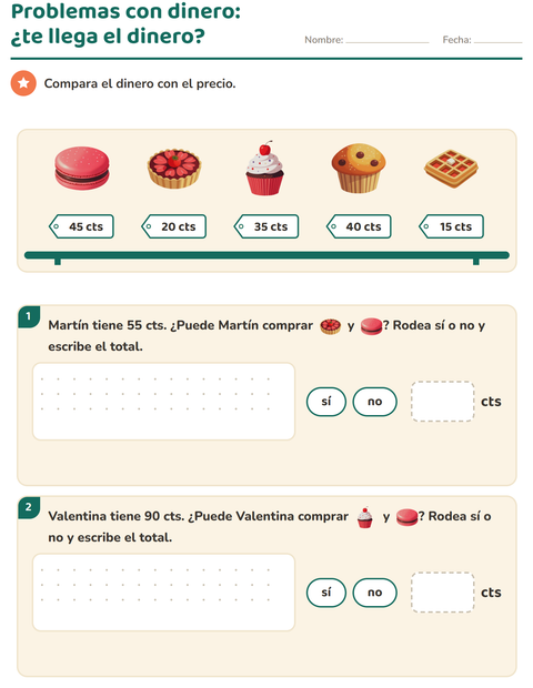 Vista previa de la hoja de Contar dinero con Postres y dulces para grado 2