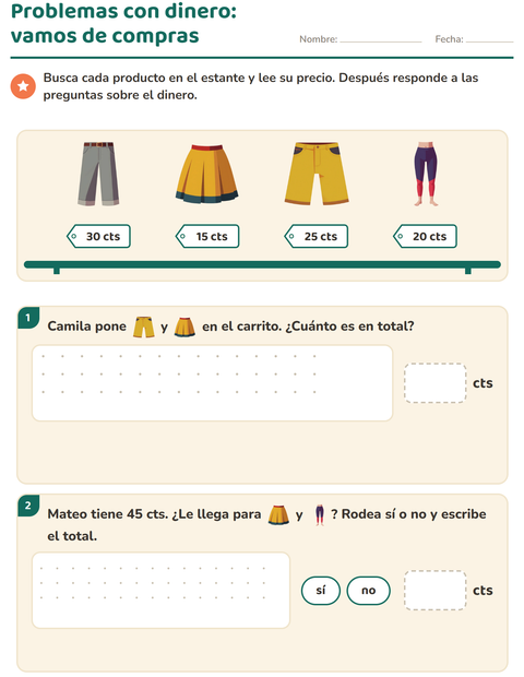 Vista previa de la hoja de Contar dinero con Ropa para grado 2