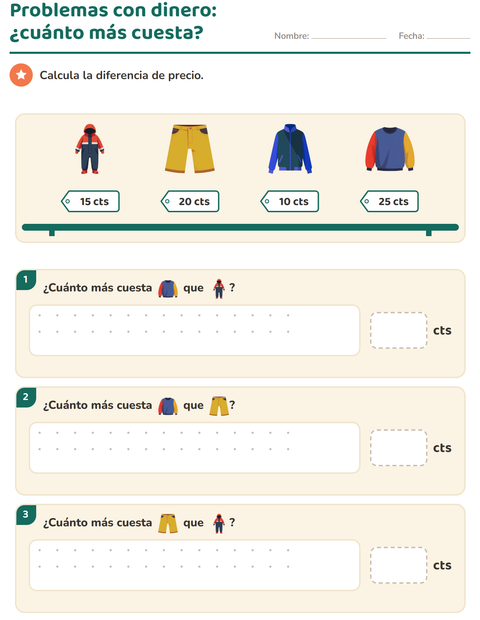 Vista previa de la hoja de Contar dinero con Ropa para grado 2