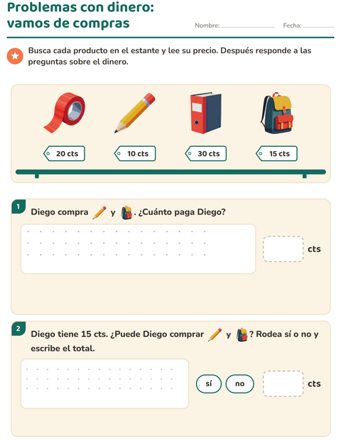 Vista previa de la hoja de Contar dinero con Salón de clases para grado 2