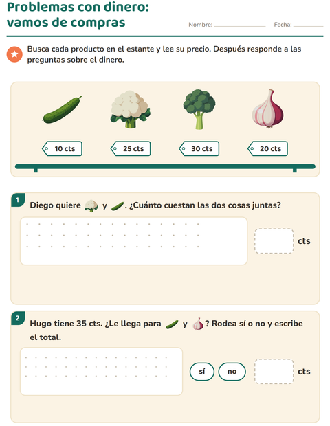 Vista previa de la hoja de Contar dinero con Verduras para grado 2