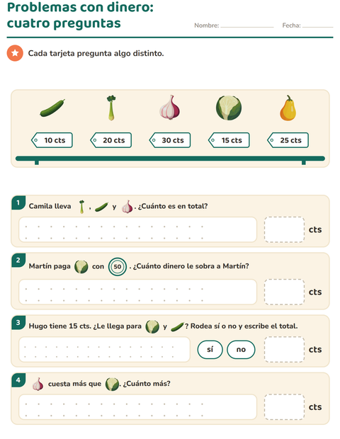 Vista previa de la hoja de Contar dinero con Verduras para grado 2